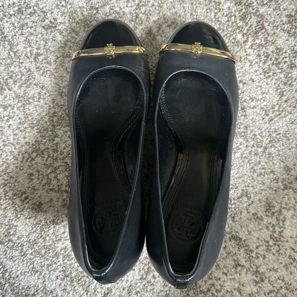 Tory Burch Black Leather Cap Toe Wedge Shoes 7.5 - Picture 7 of 9